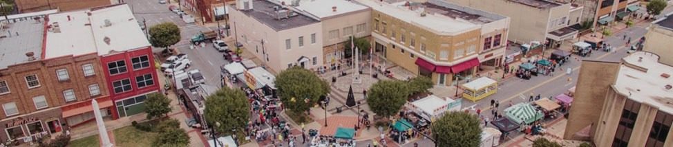 Aerial view of downtown Hudson, North Carolina during a street festival