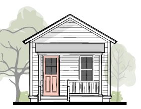 Architectural elevation drawing of a studio cottage with a covered porch