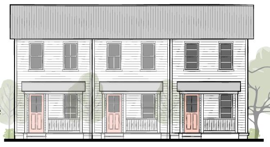 Architectural elevation drawing of three attached two-story townhouses with front porches